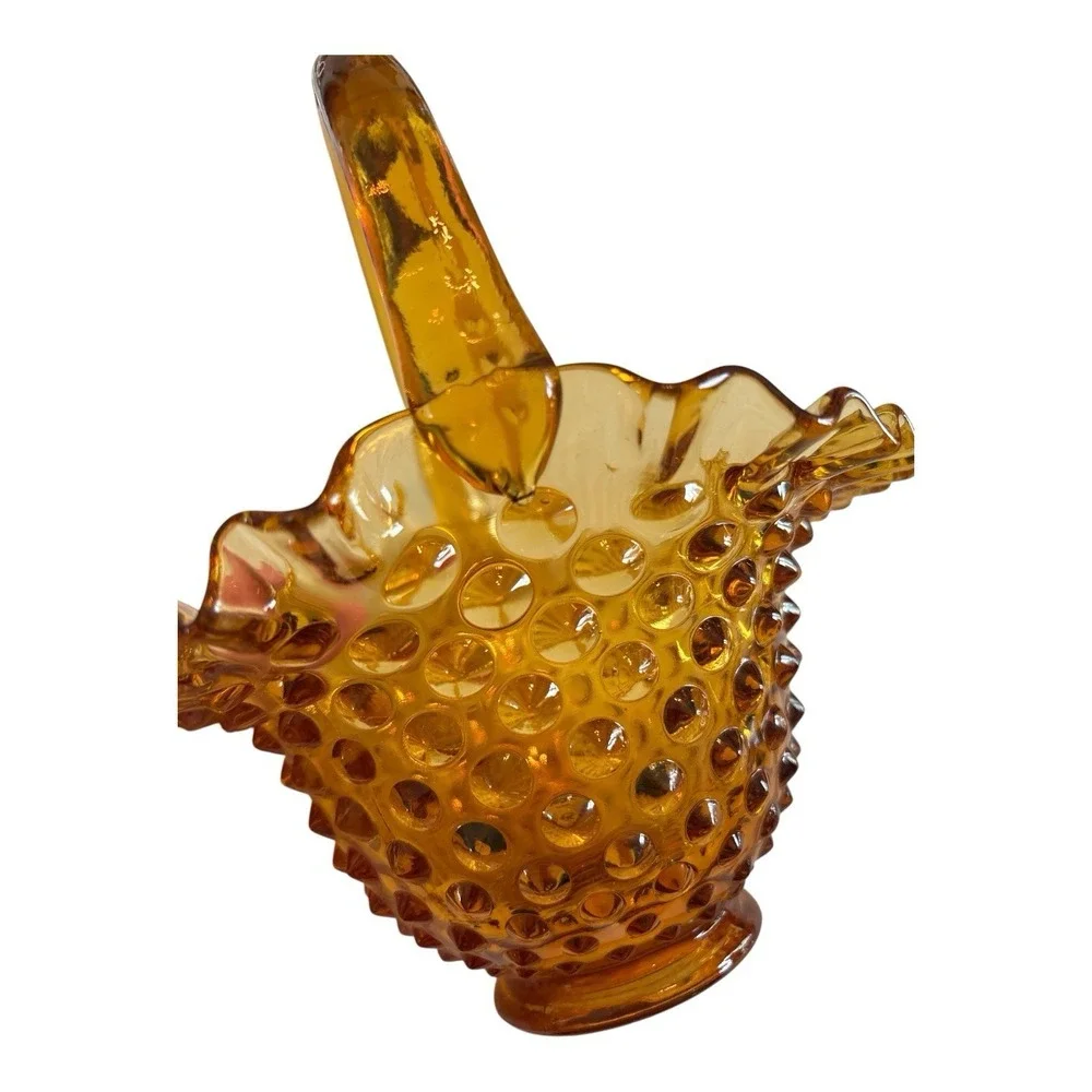 Vintage Fenton Amber Glass Colonial Hobnail Ruffled Edges Art Glass Basket 7.5